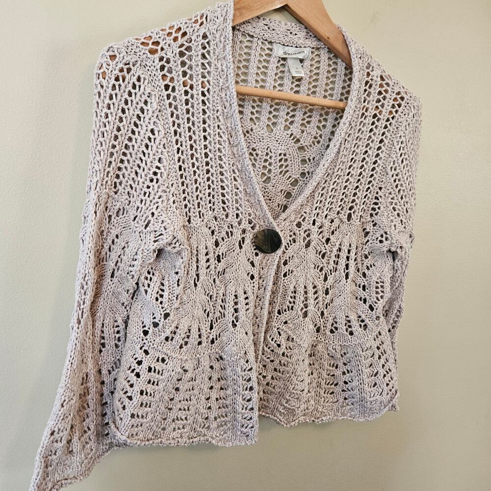 Vintage Women's Crochet Cardigan Small Bell Sleeve Cropped Beige Boho Hippie - Picture 3 of 7